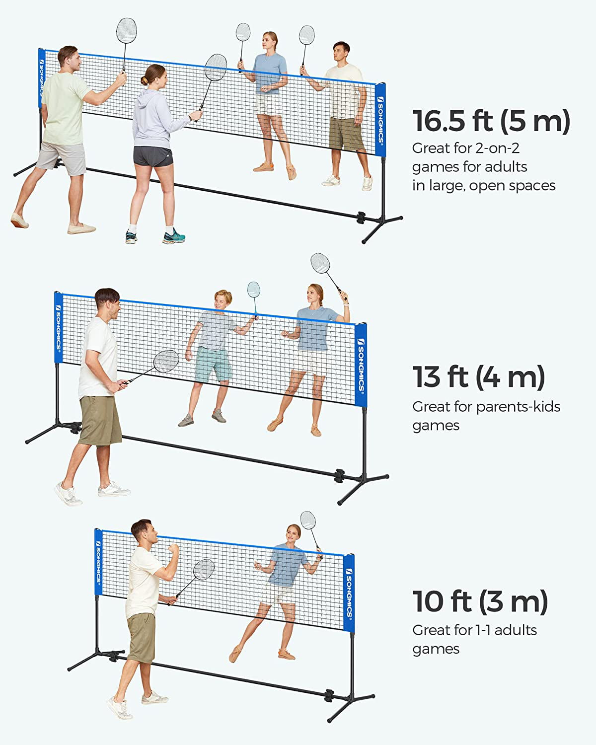 SONGMICS Badminton Net Set Portable Sports Set for Badminton Tennis Kids Volleyball Pickleball Easy Setup Nylon Net with Poles for Indoor Outdoor Court Black