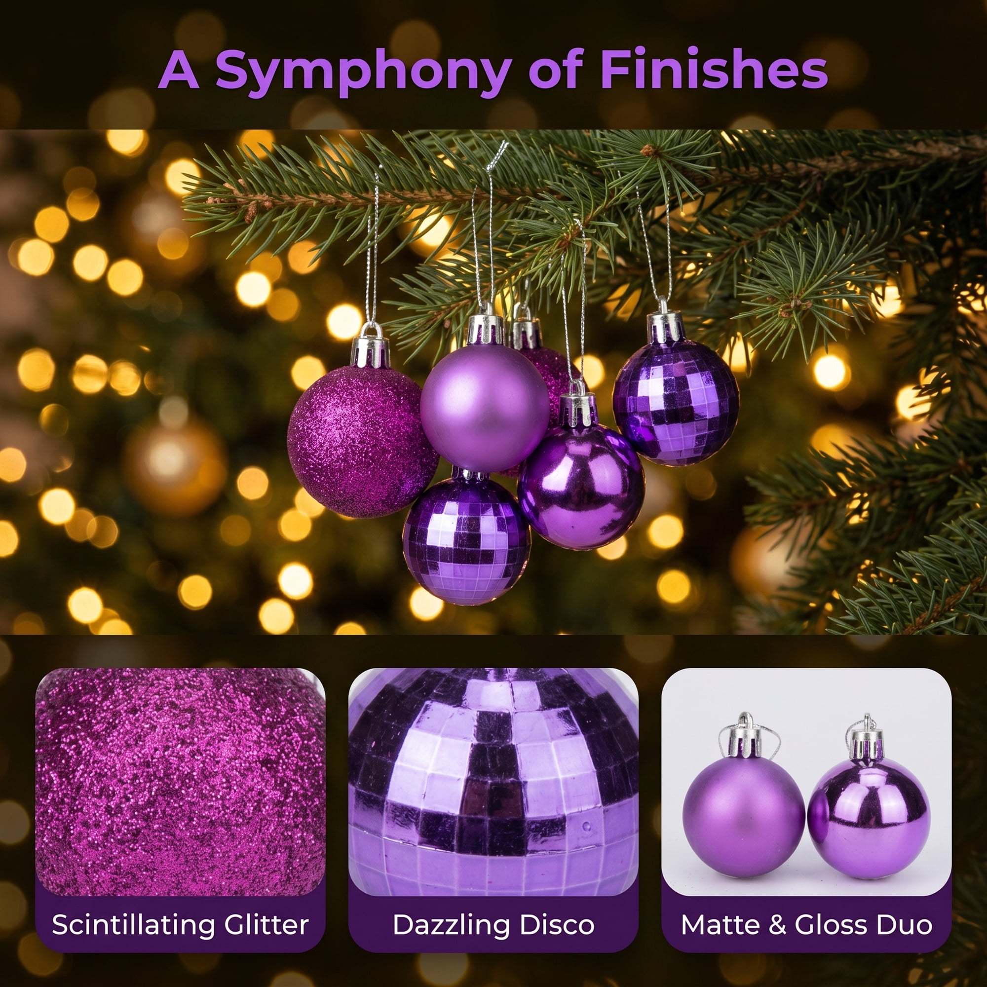 Unique Bargains 24Pcs Christmas Tree Hanging Baubles Shatterproof Ornaments Purple 1.6"