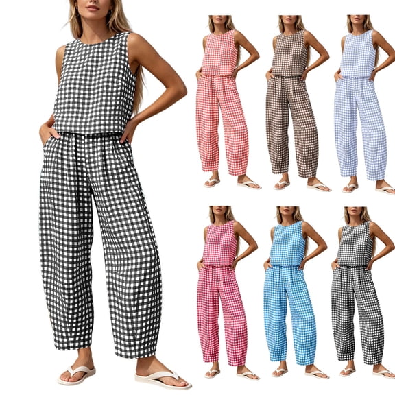 Iyufng Women's Two Piece Sets Pull Over Tank Top and Straight Leg Pants Set Casual Summer Checkered Print Outfits