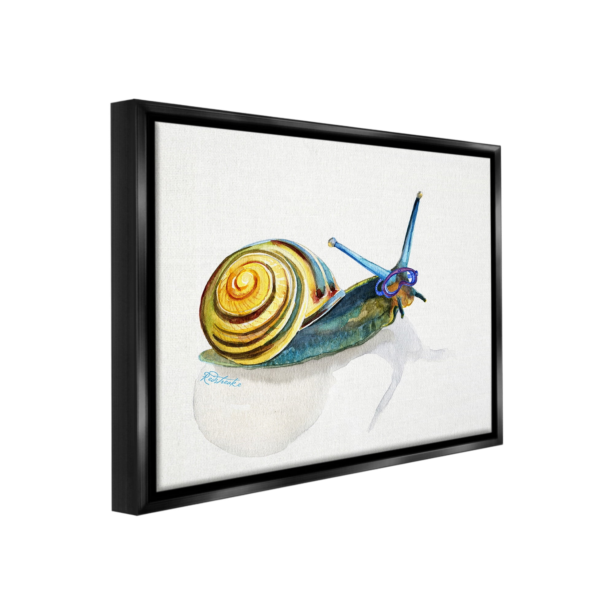 Stupell Industries Snail Wearing Snorkel Mask Animals & Insects Painting Black Floater Framed Canvas Art Print Wall Art, 31 x 25