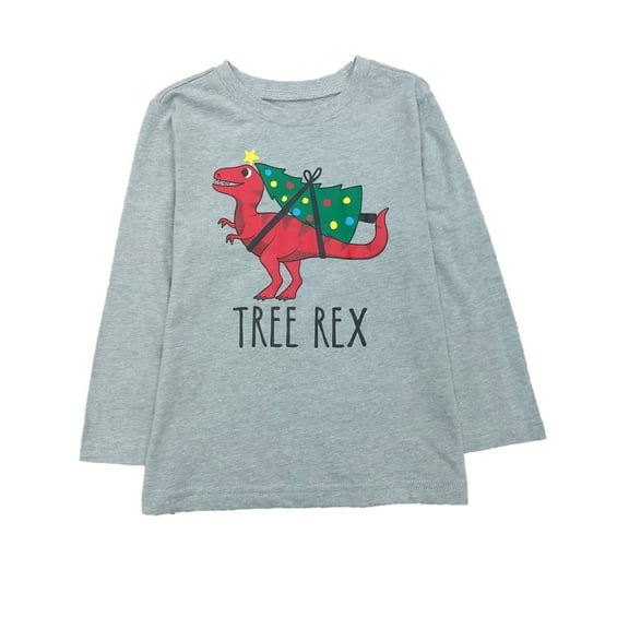 Toddler Boys Gray Tree Rex T-Rex Long Sleeve Christmas T-Shirt 4T