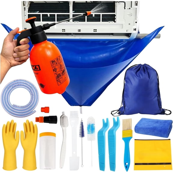 18pcs HVAC Mini Split Cleaning Kit 2L Pressure Sprayer Waterproof PVC AC Bib Cover Storage Bag Large