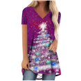 thumbnail image 1 of Camiseta Impresa con Cuello en V de Manga de Raglan de la Parte Trasera Larga Delantera Corta de las Mujeres de Navidad, Vacaciones Informales, 1 of 7