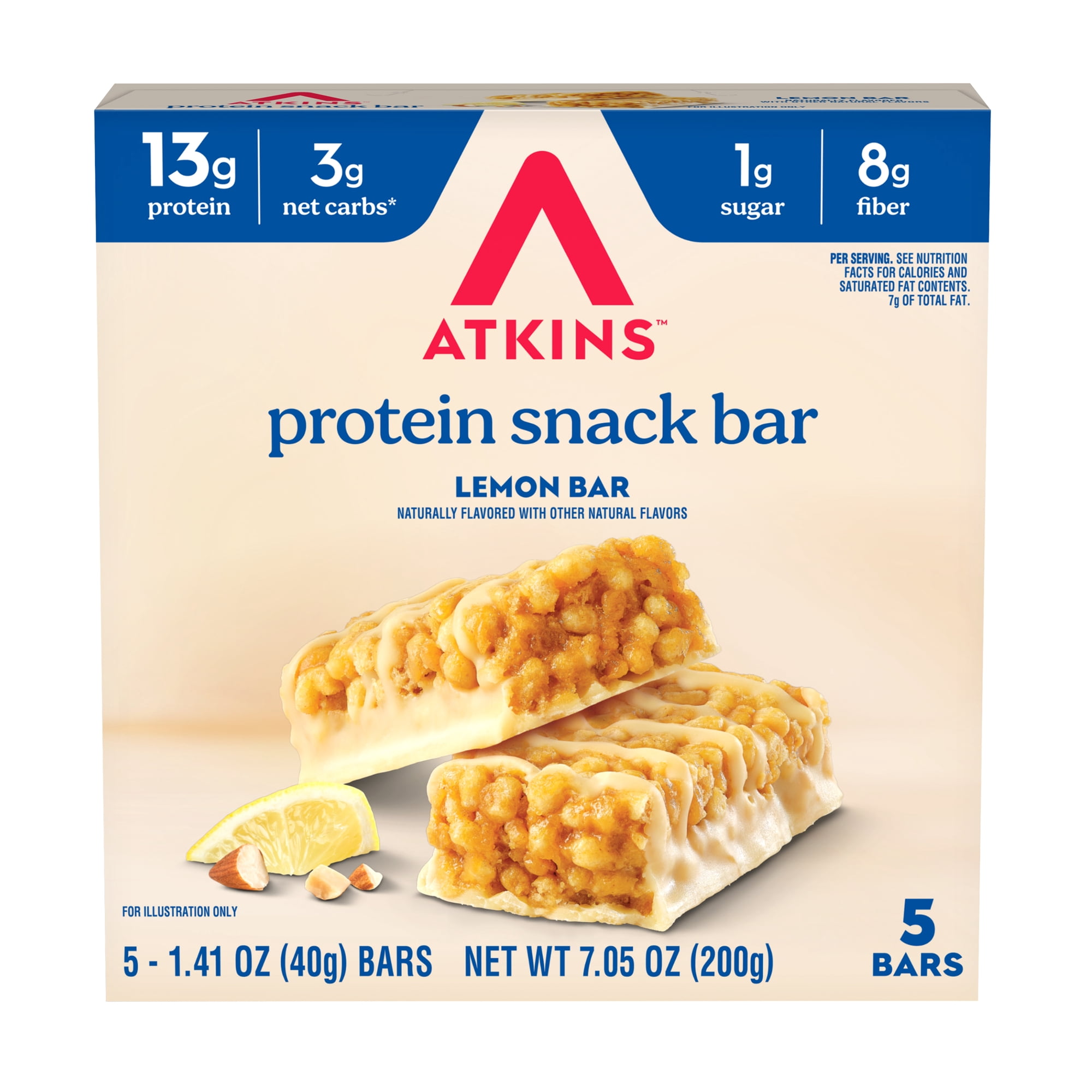 Atkins Lemon Flavored Snack Bar, High Protein Bar, Low Sugar and Low Carb, Keto Friendly Snack, High in Fiber, Gluten Free, Made with Real Almond Butter, 5 Count