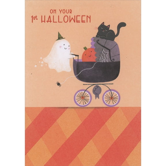 Designer Greetings Ghost Pushing Baby Pumpkin in Black Carriage 1st / First Halloween Card