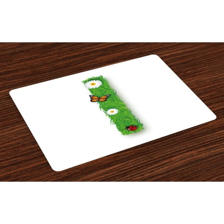 Letter Writing Set - Letter I Placemats Set of 4 Grass Letters with Floral Butterfly Refreshing Writing Nursery Daisy Print, Washable Fabric Place Mats for Dining Room Kitchen Table Decor,Green Multicolor, by Ambesonne