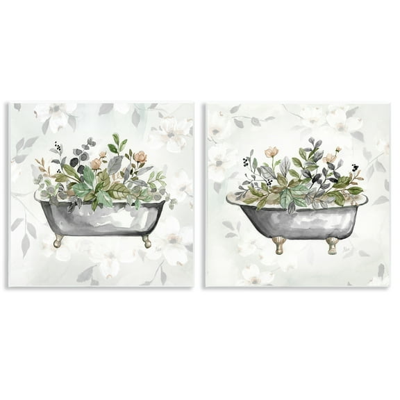 Stupell Industries Gray Muted Watercolor Flower Tub Bath & Laundry Painting Unframed Art Print Wall Art, 12 x 12, Set of 2