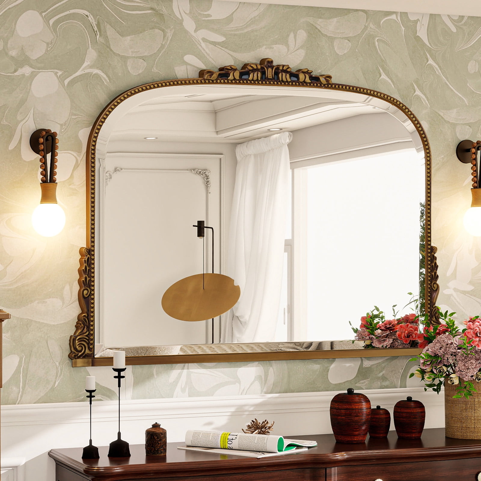 Lumora 44"x32" Vintage Bathroom Mirror Wall Mounted Arched Antique Mirror, Gold