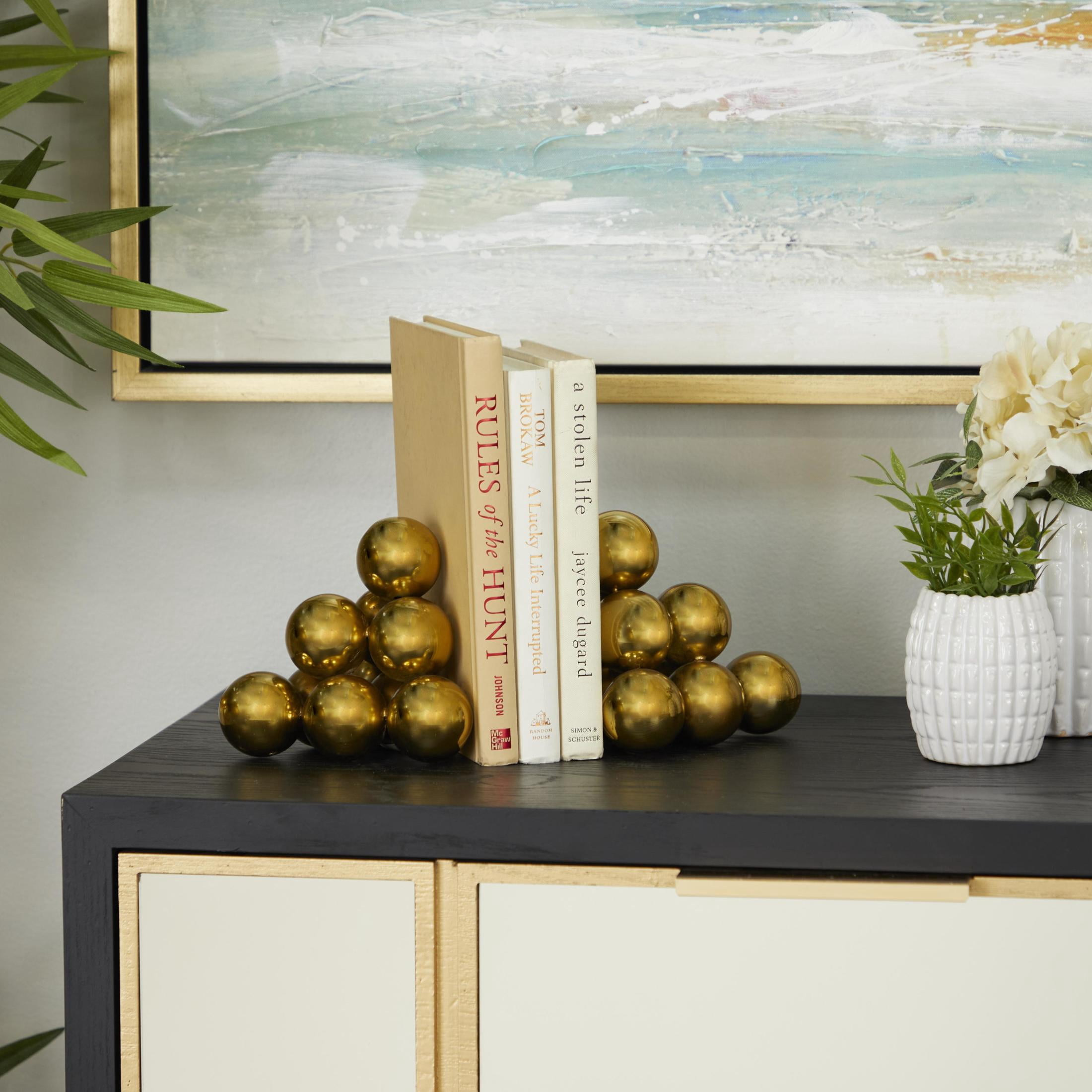 DecMode Stainless Steel Modern Bookend Pairs with Triangular Arranged Orbs 6"W x 5"H, Features a Metallic Gold Finish