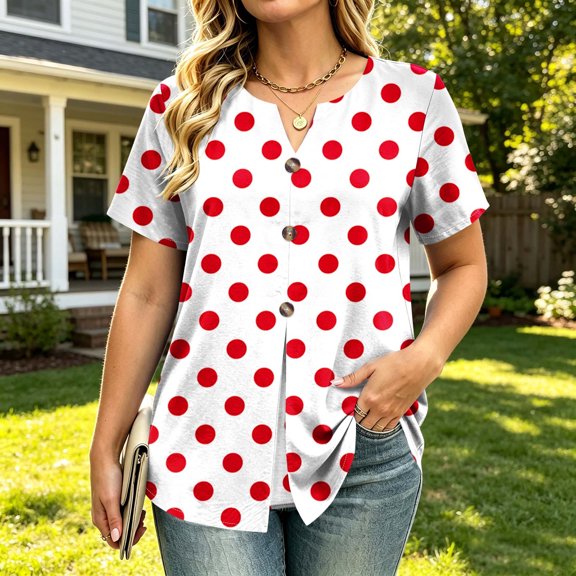 Craaazy Women's Summer Short Sleeve T-shirts Casual Loose Fit Polka Dot V Neck Fashion Blouse Decorative Button Front Lightweight Breathable Top for Daily Wear