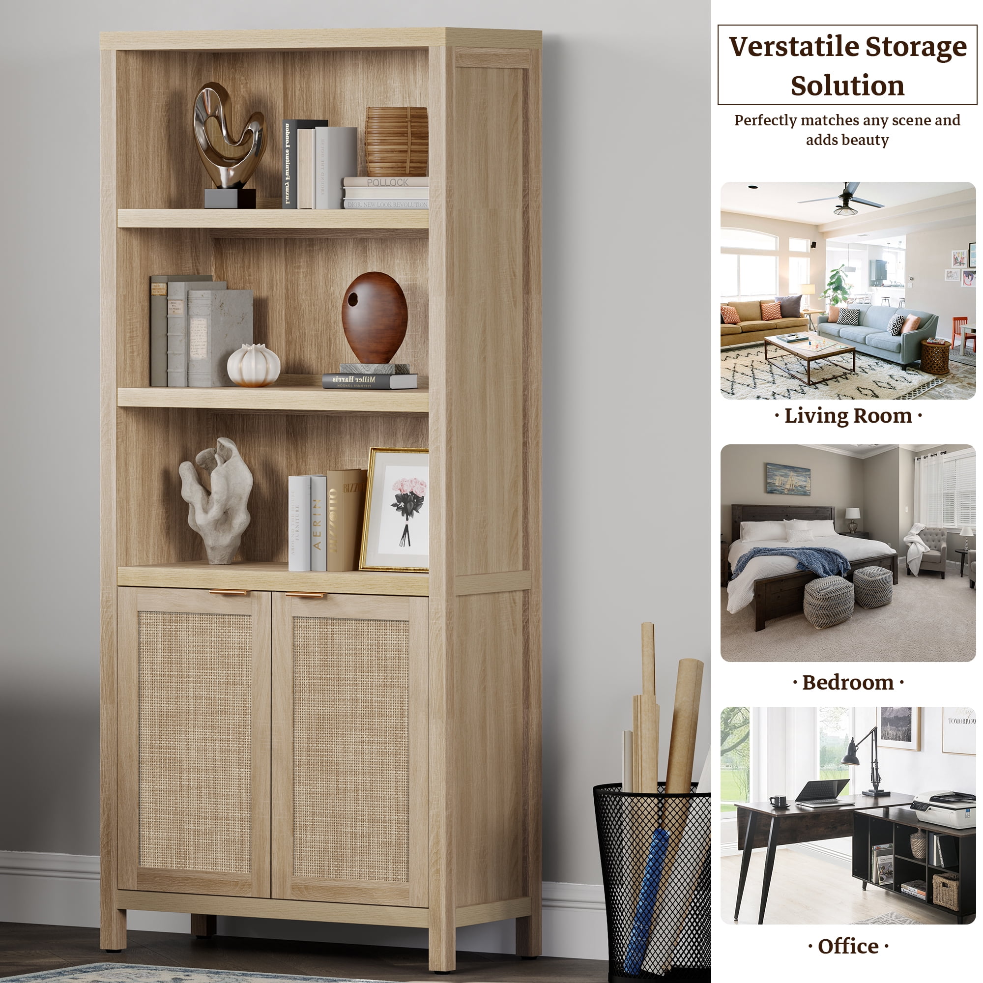 SICOTAS Rattan 5 Tier Bookcase Set, Natural 5 Shelf Library Bookcase for Home Office