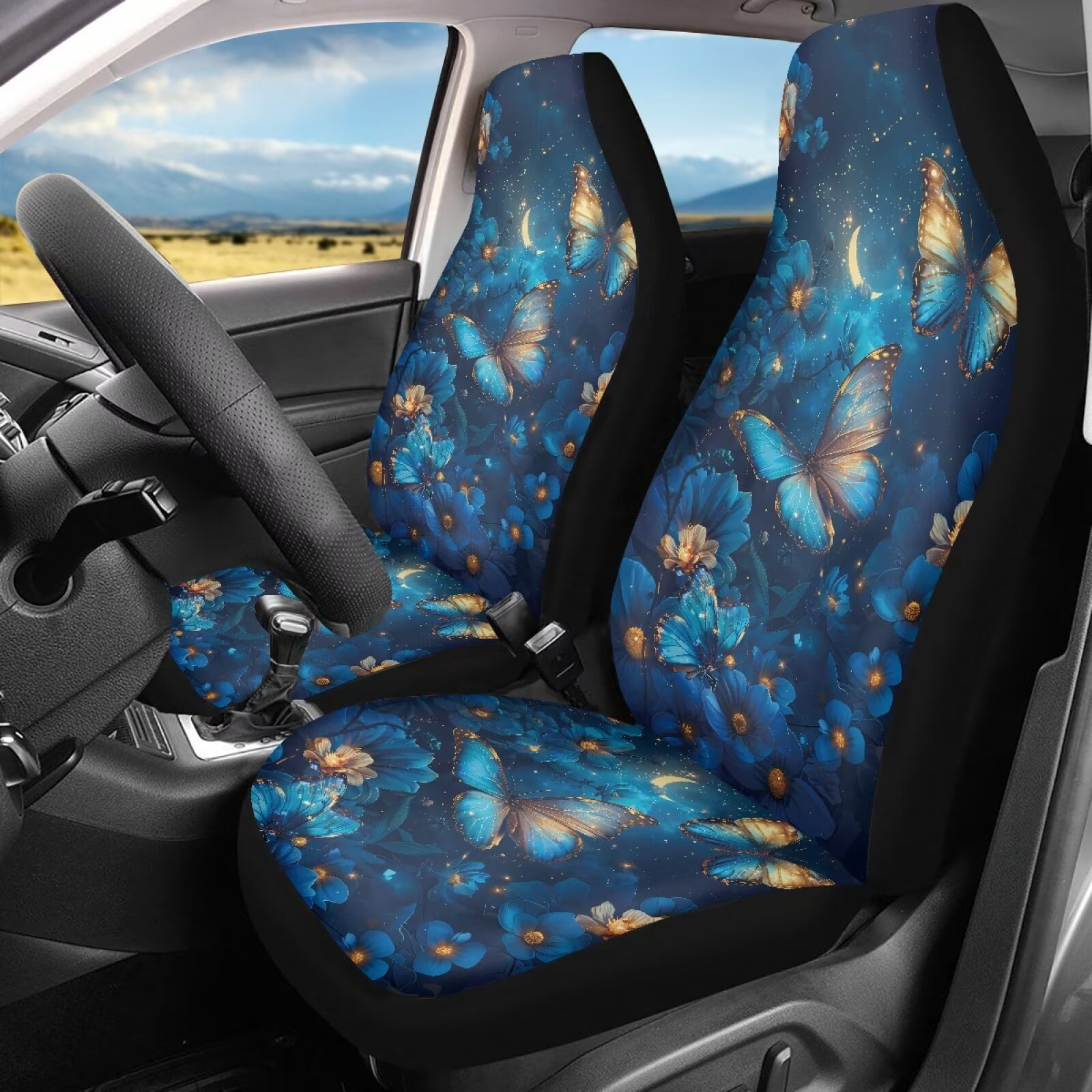Uorisanigo Waterproof Car Front Seat Covers Stretch Polyester Fabric Cover Blue Butterfly Floral Auto Interior Accessories 2 Pcs Set Universal Front Seat Cover Fit for Most Cars,SUV, Trucks