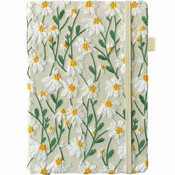 ipoul Daisy Gifts, Embroidered Floral Notebook, A5, 8"x6", Lined Paper, Hardcover, Lay Flat, Pretty Journal for Women, White