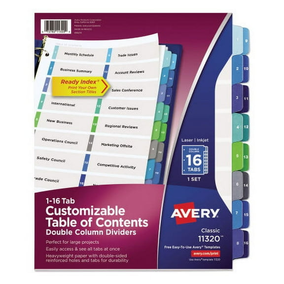 Avery Customizable TOC Ready Index Double Column Multicolor Tab Dividers, 16-Tab, 1 to 16, 11 x 8.5, White, 1 Set, Each