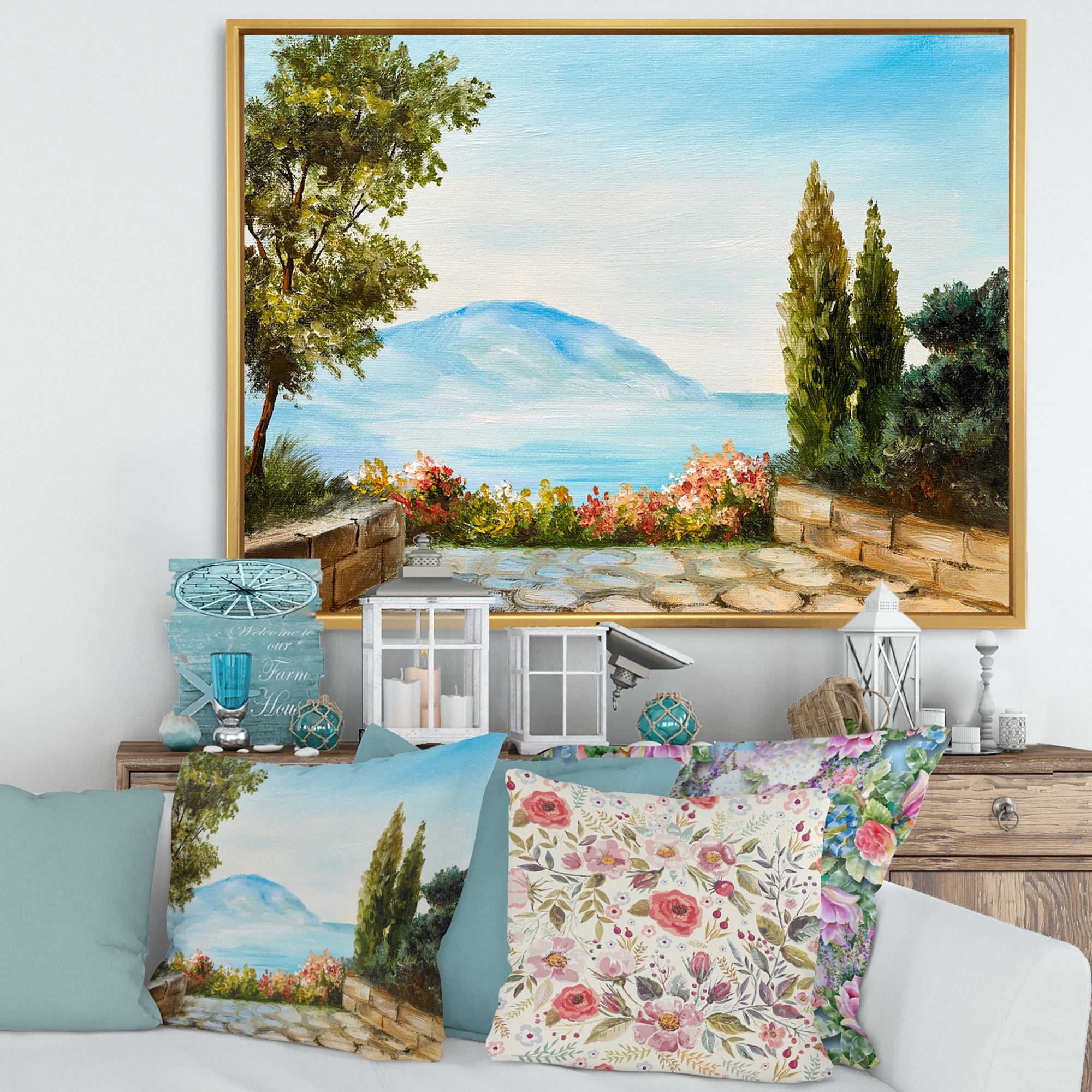 Designart 'Beautiful Mountains View By The Sea Side' Nautical & Coastal Framed Canvas Wall Art Print