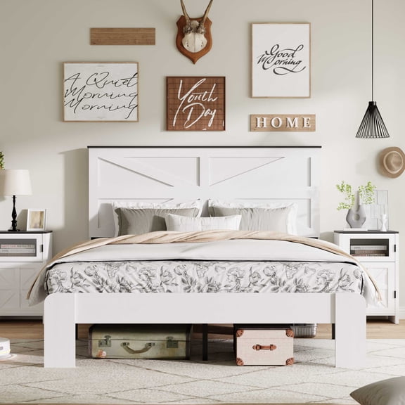 Yoneston King Size Vintage Platform Bed Frame with High Wood Headboard, Noise Free, No Box Spring Needed and Large Under Bed Storage, Easy Assembly, White