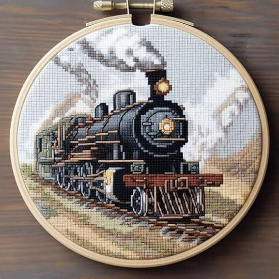 Generic Counted Easy Cross Stitch Kits Steam Train Color Stamped Embroidery for Starter Kits DIY 11CT Stamped Patterns Embroidery Needlework Kit Supplies 12 Inch Hoop Included(207-E)