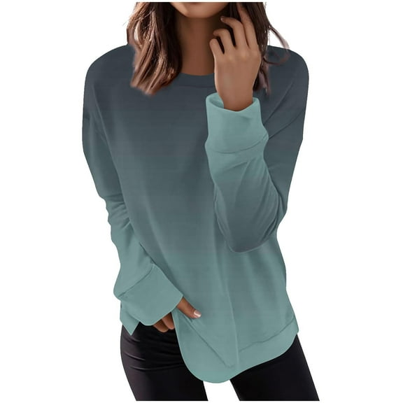 Fmbrln Womens Trendy Gradient Print Hoodless Sweatshirts Casual Long Sleeve Crew Neck Pullover Sweatshirts Blue L
