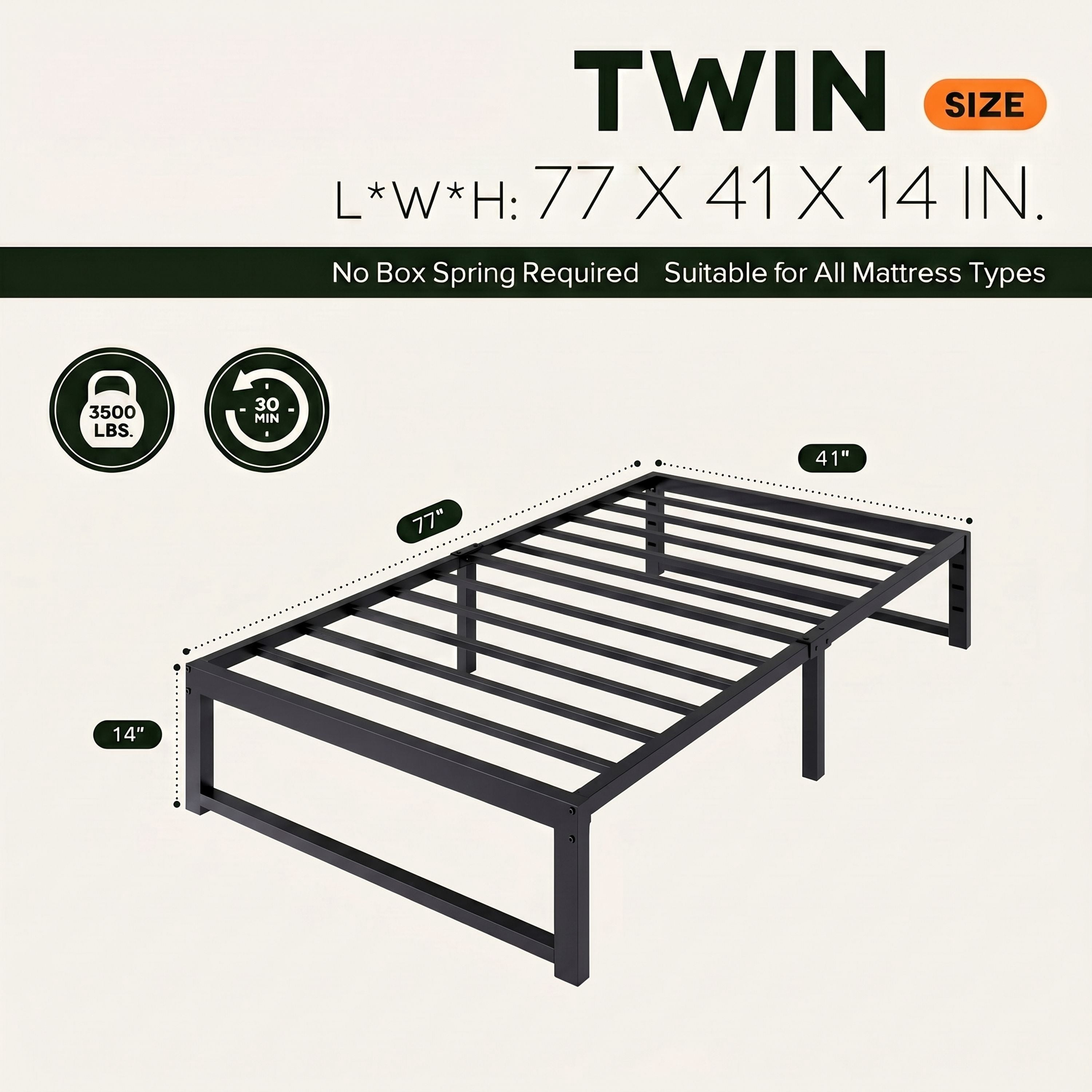 Einfach 14" Twin Bed Frame, Metal Platform Bed with Ample Under-Bed Storage Space, Upgraded Frame Structure, 3500 LBS Capacity, Black