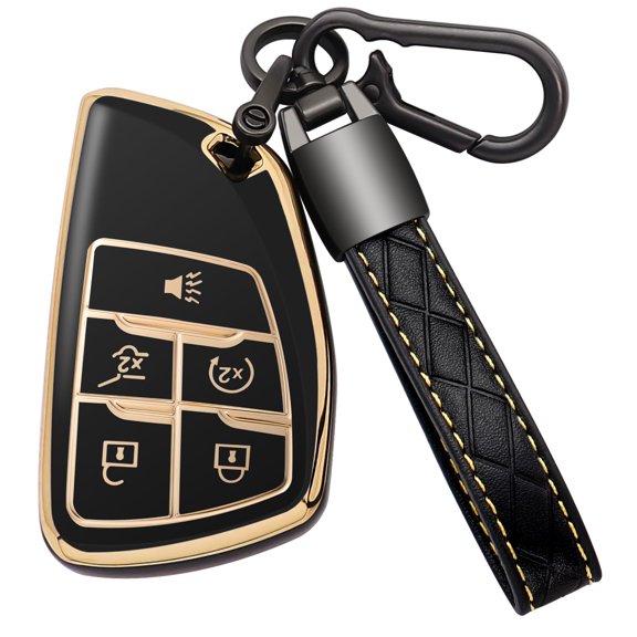 Soft TPU Key Case Holder Protector with Leather Keychain for Chevrolet Silverado 1500 Suburban Tahoe and GMC Sierra Yukon Models 2021-2024 5-Button Key Fob