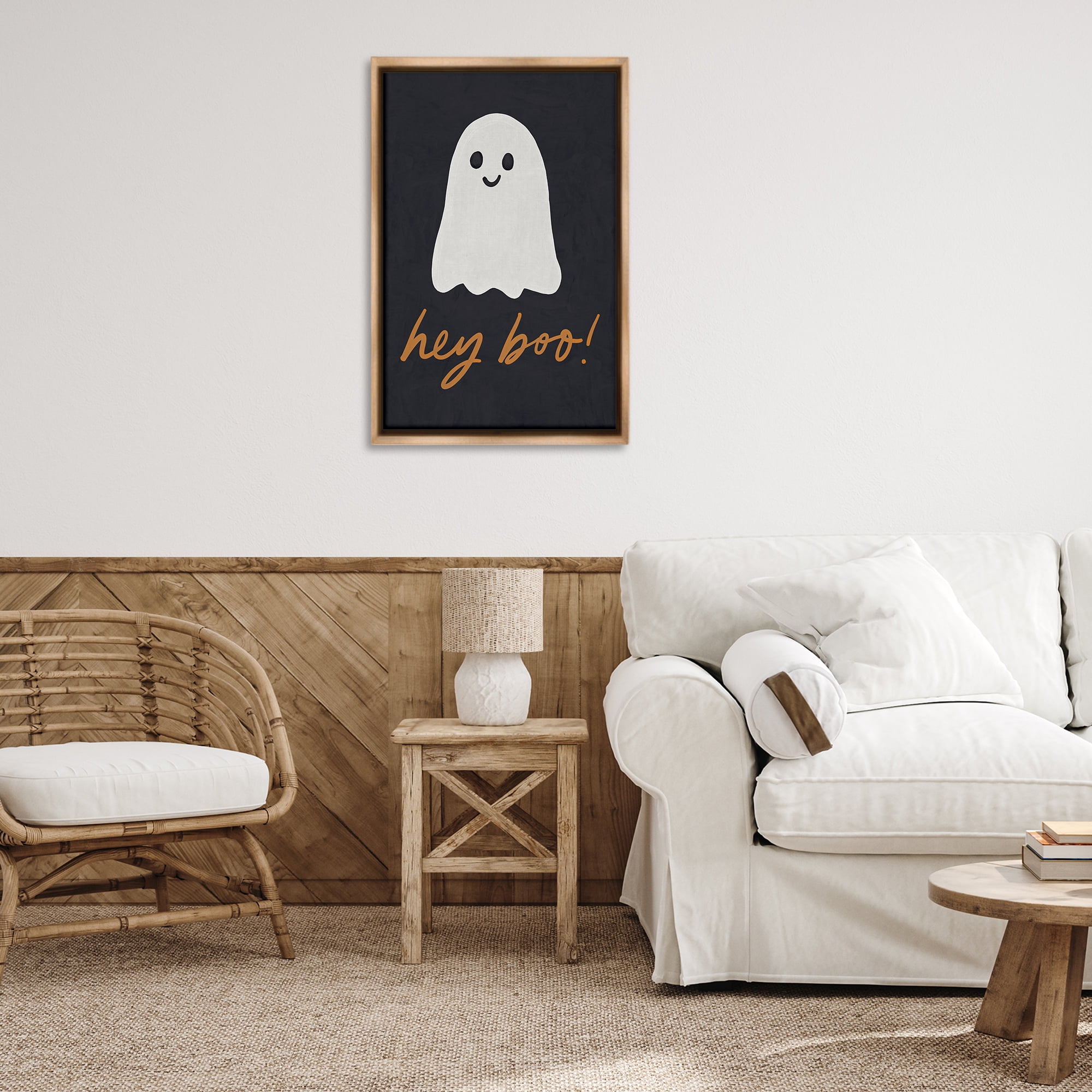 Stupell Industries Hey Boo Spooky Ghost Holiday Painting Brown Floater Framed Canvas Art Print Wall Art, 21 x 31