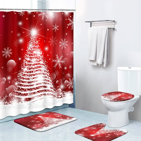 ZHANZZK Christmas Tree Red Fir Luxury 4 Piece Bathroom Set Shower Curtain Bath Rug Contour Mat and Toilet Lid Cover