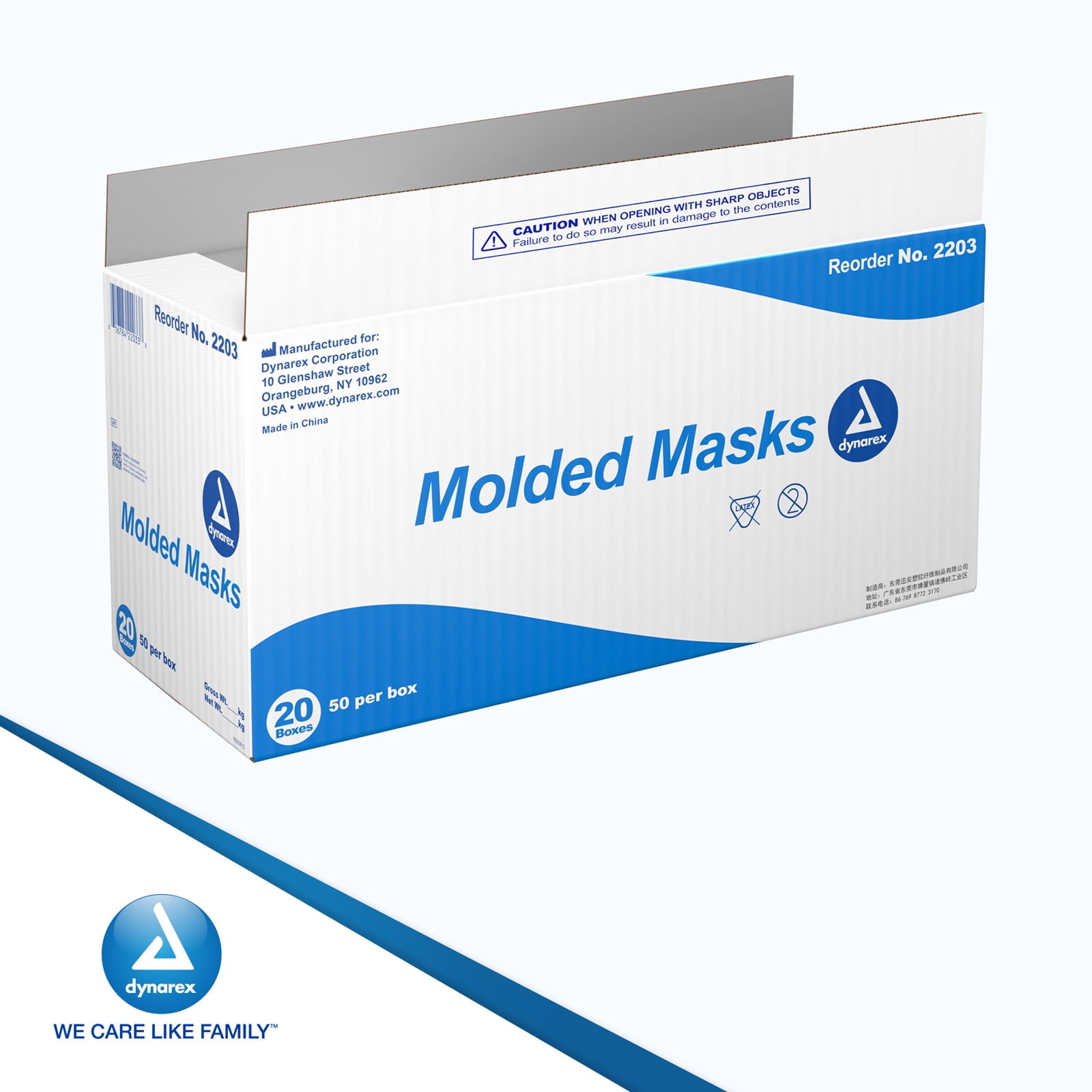 Dynarex Molded Face Mask, Fiberglass-free, Breathable, Soft Flared Edges, Fits Facial Contours, Covers Mouth and Nose, Adjustable, Blue, 1 Case of 1000 Face Masks