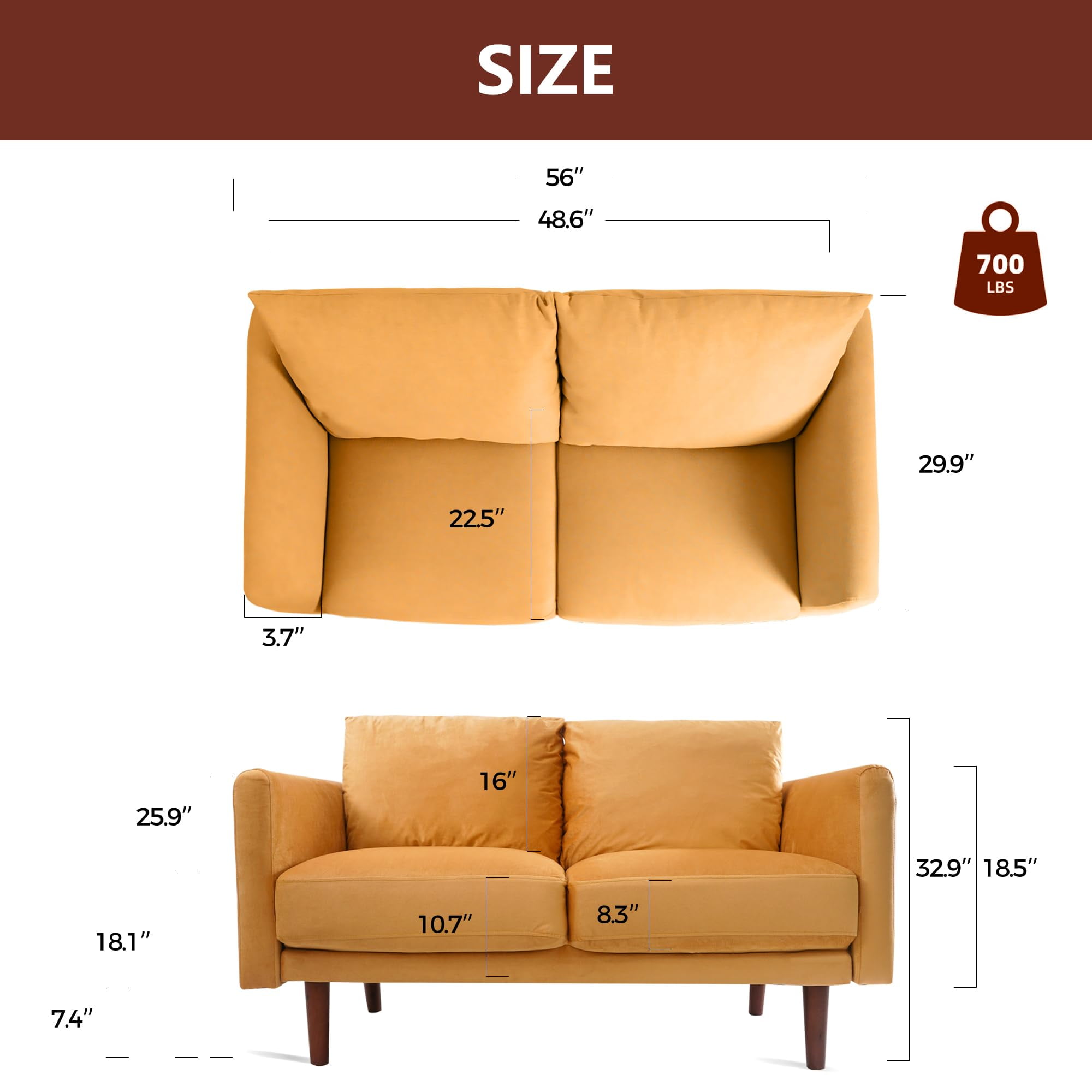 Znerfarg 56'' Squre Arms Loveseat, Thickened Sofa Seat Cushion for More Comfort,32.9'' H X 56'' W X 29.9'' D