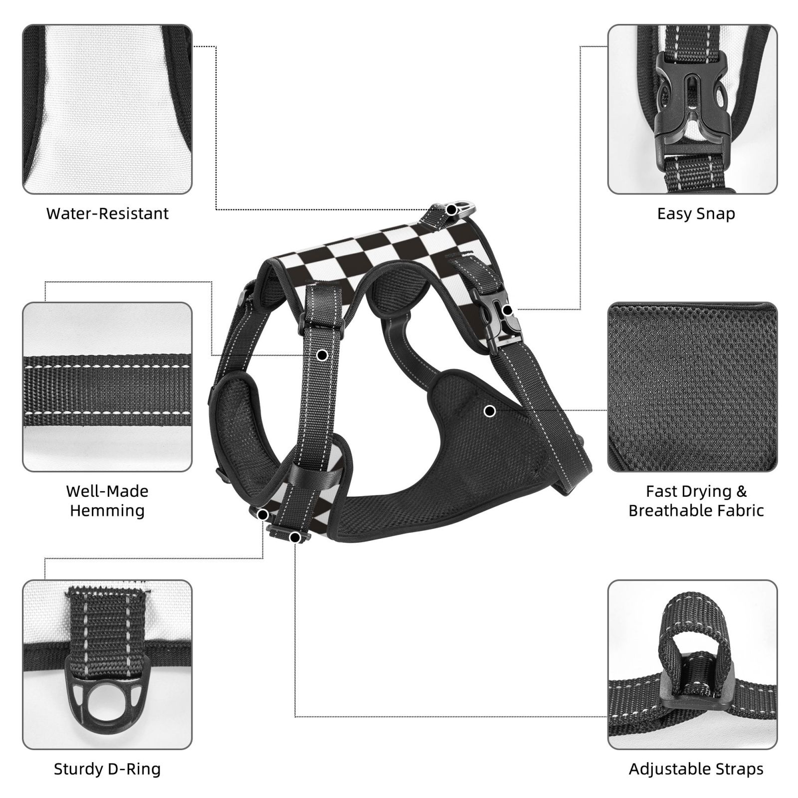Vsdgher Black and White Checkerboard Pattern Dog Harness,No Pull Pet Harness with Soft Padded Handle,Adjustable Reflective Vest with 2 Buckles,4 Slide Buckles,S-XL Medium