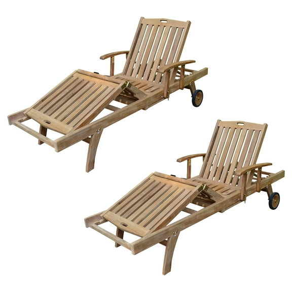 Titan Great Outdoors Set of 2 Grade A Teak Reclining Lounger with Armrests, Indoor Outdoor Solid Wood Patio Furniture