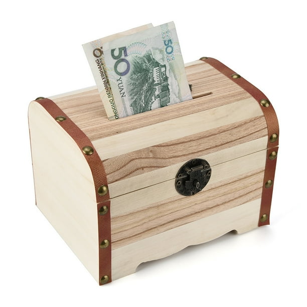 Wooden Piggy Bank Safe Money Box Savings With Lock Wood Carving