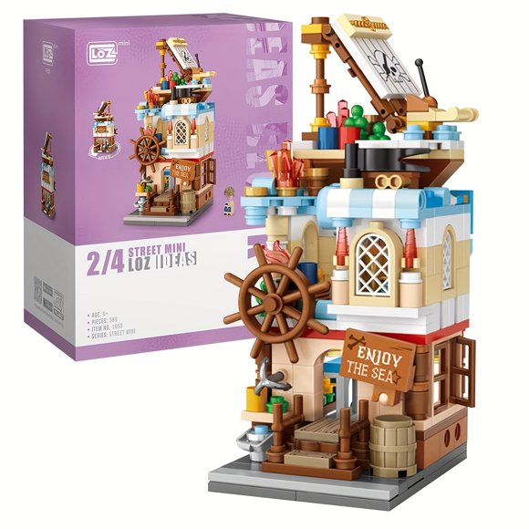 Modèle d'Architecture de Magasin de Bateaux Pirates de Rue de Ville, Mini Blocs de Construction Jouet, Cadeau de Noël, Halloween/Action de Grâce/cadeau de Noël