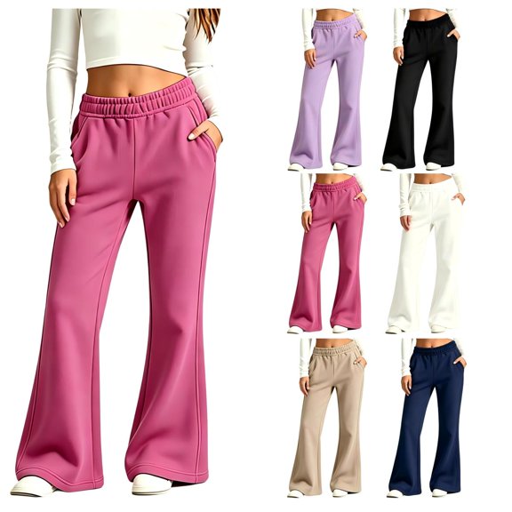 CBASIHI Girls Cotton Flare Sweatpants with Pockets Elastic Waist Casual Stretchy Yoga High Waist Wide Leg Workout Pants Hot Pink 5 T- 14T