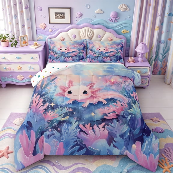 Manfei Colorful Axolotl Full Size Comforter Sets,Aquatic Amphibian Bedding Comforter Set,Polkadot Reversible,3pcs,1 Comforter and 2 Pillowcases