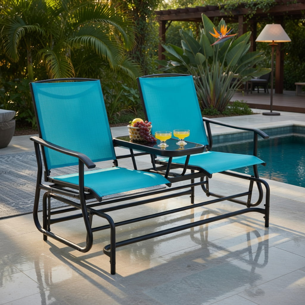 Hommoo 2-Person Outdoor Rocking Loveseat with Tempered Glass Center Table, Mesh Fabric, Steel Frame, Turquoise