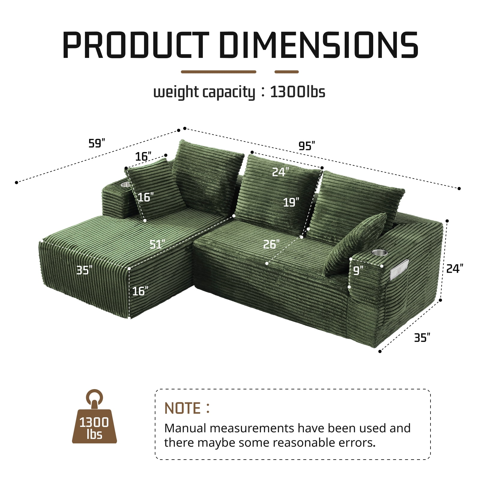 95'' Boneless L Shape Modular Sofa Couch with 4 Pillows and 2 Cup Holders