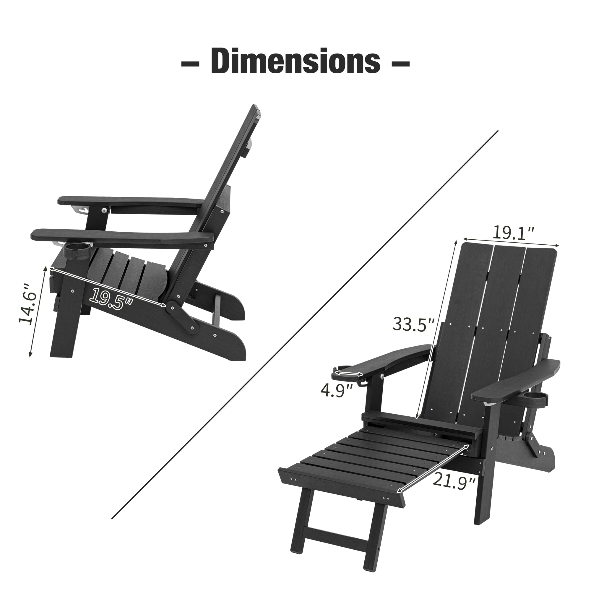 Innovaze Folding Adirondack Chair with Ottoman, 700LBS Heavy Duty Poly Lumber Outdoor Chair, Adjustable Back, Cup Holders, All Weather HIPS Patio Chair for Porch, Backyard, Pool (Black)