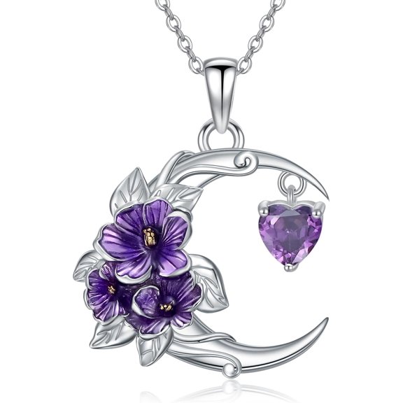 Birth Flower Necklace for Women 925 Sterling Silver Crescent Moon with Birthstone 12 Month Floral Pendant Necklace Jewelry Gift for Birthday Mothers Day