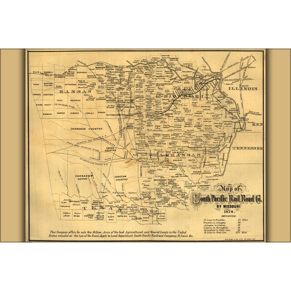 24"x36" Gallery Poster, Map of South Pacific Railroad Co 1870 arkansas texas