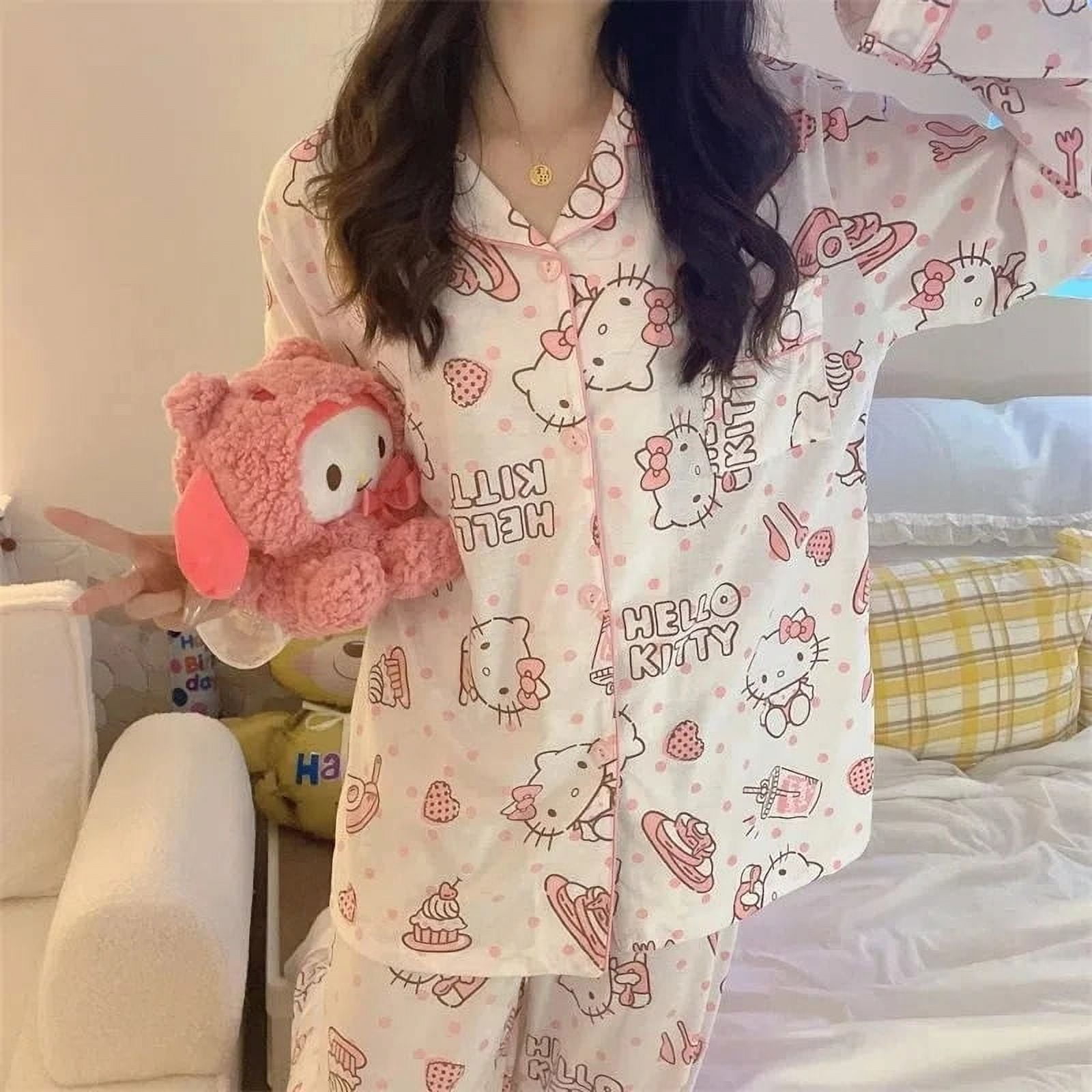 Sanrio Hello Kitty Pajamas Pants Kawaii Pijama Y2K Pyjama Pink Fluffy Suit  Long-Sleeved Trousers Onesize Cardigan Outfit Women