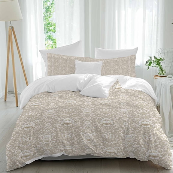 3 Piece Beige Damask Duvet Cover Set Full Size,Microfiber Comforter/Quilt Cover with Corner Ties and 2 Pillowcases,Vintage Country Scroll Floral Patterned All Season Soft Bedding with Zipper Closure