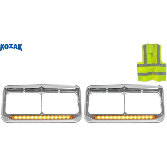 Compatible with Freightliner FLD Classic XL C500 Headlights Bezels Chrome w/ 12" Yellow LED Light Strip Bar 2 Pcs