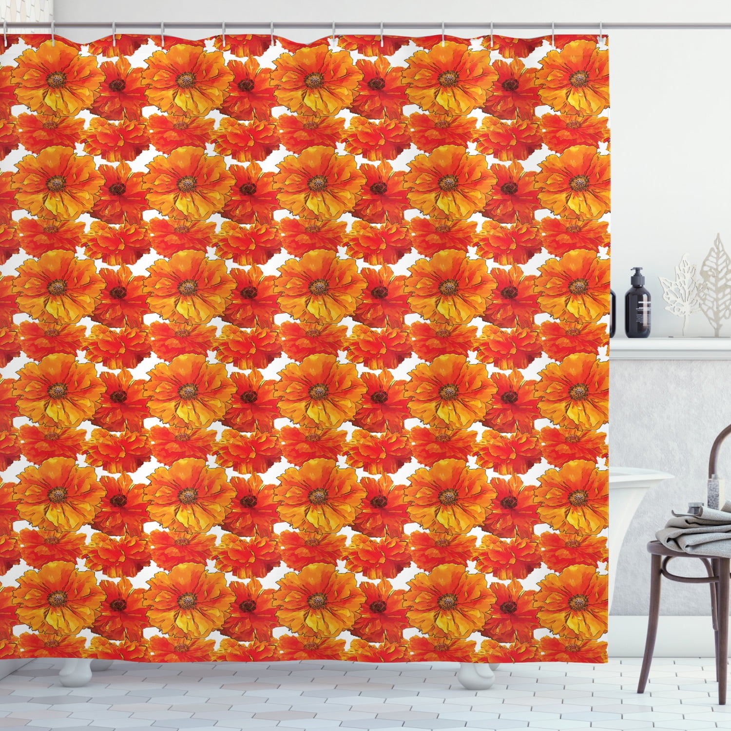 Poppy Shower Curtain, Artistic Blossoms with Vibrant Petals Hand