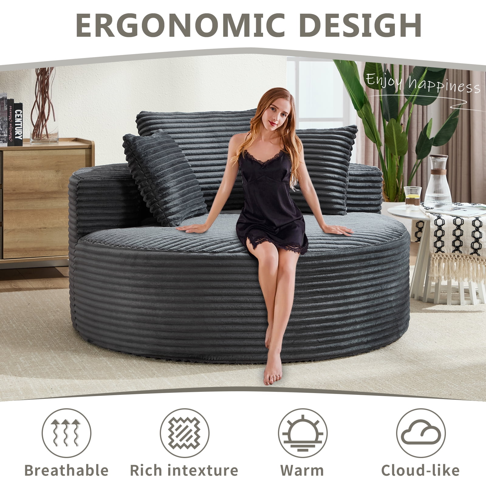 Aukfa Oversized Round Chaise Longue Chair Indoor, 56-inch Upholstered Corduroy Deep Seat Circle Cloud Sofa Chair, Dark Gray