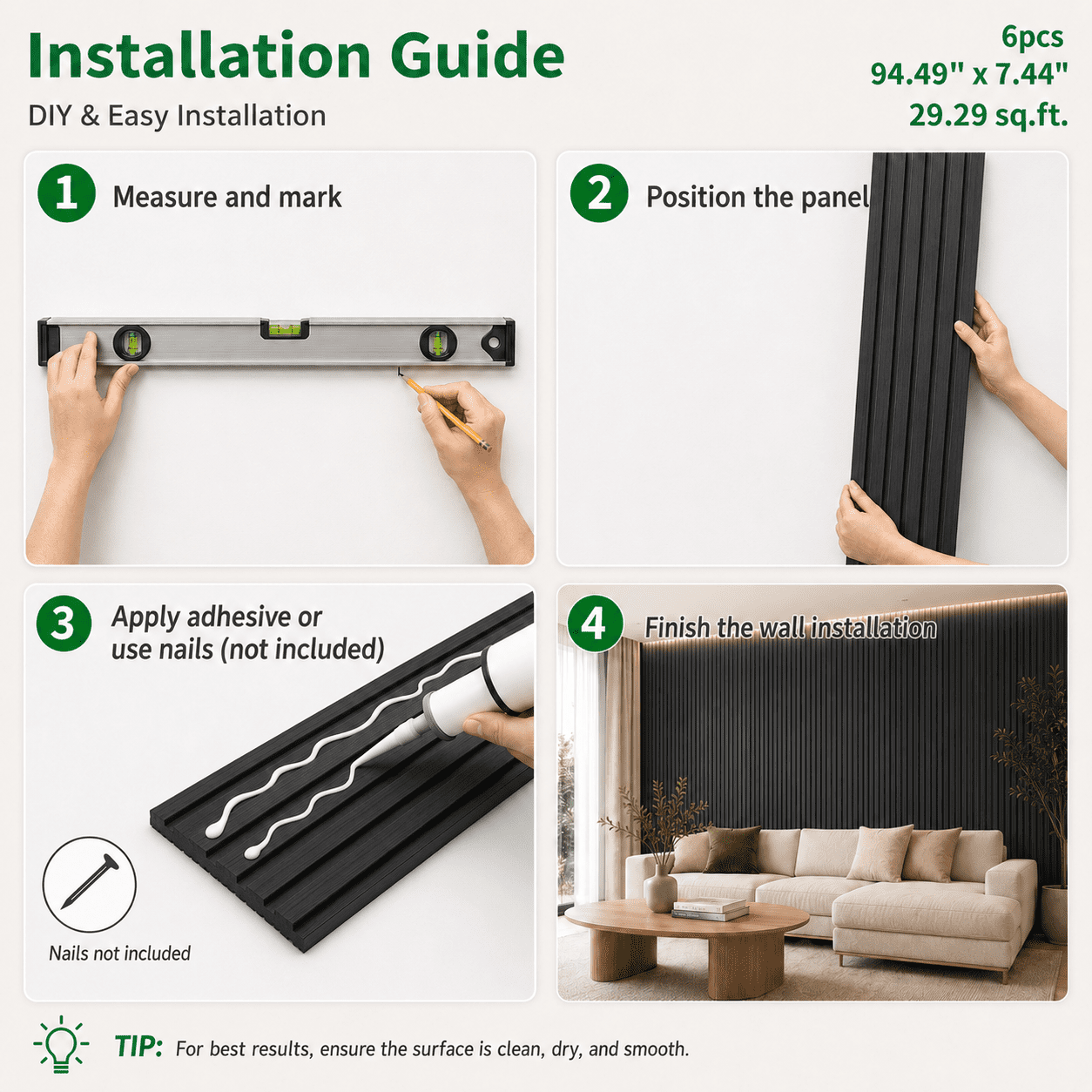 Yeslife 6 pcs Slat Wall Panels, 94.49 x 7.44 in, Matte Black MDF, 3D Decorative Design for Interior Walls and Ceilings
