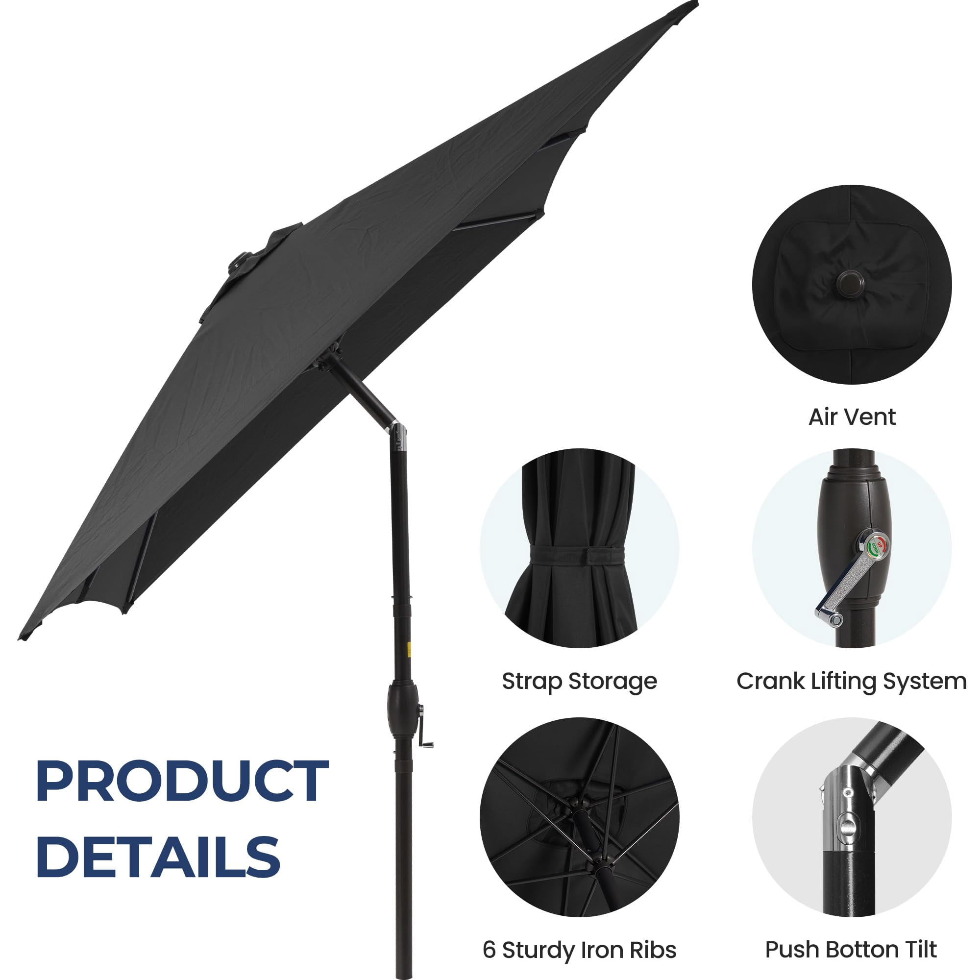 Sunvivi 10 x 6.5 Ft Rectangular Patio Umbrella with Crank and Tilt, Metal Pole Outdoor Umbrella with Polyester Canopy, Black