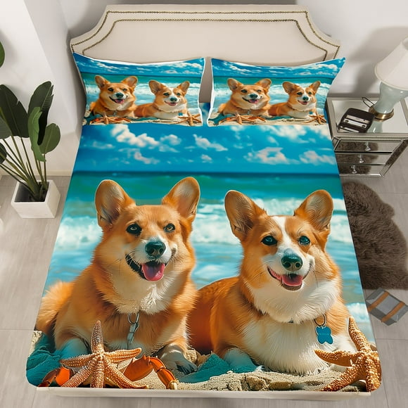 YST Kawaii Corgi Queen Sheets For Kids Cute Dog Pug Bed Sheets,Ocean Themed Bed Cover Blue Sea Bedding Boys Girls Pet Lovers Bedroom Decorative,Soft 3-Piece