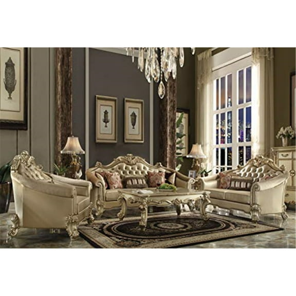 ACME Vendome II Loveseat w/3 Pillows in Bone Synthetic Leather & Gold Patina