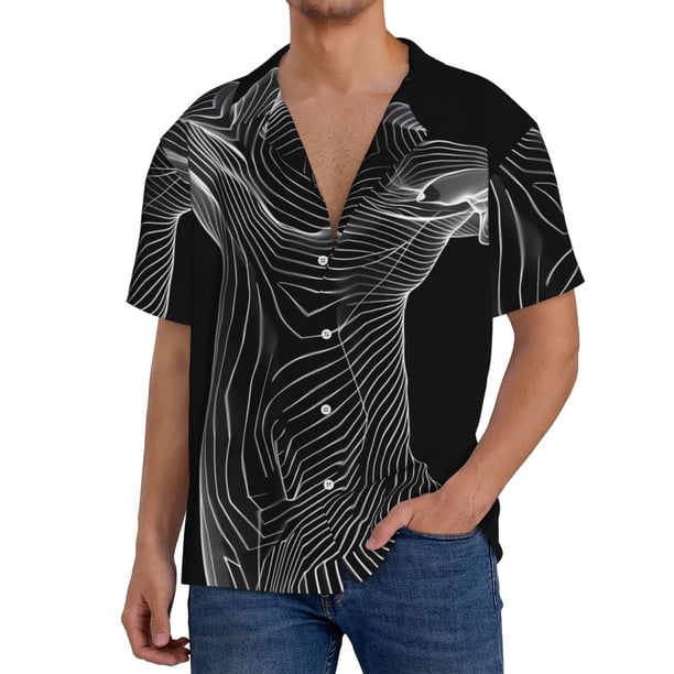 Balery Geometric Lines Dog Art Camisa Casual de Manga Corta con Botones para Hombre, Texturizada, Estilo Cubano, para Playa, Verano-4X-Large