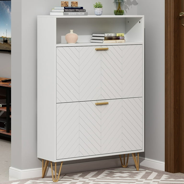 White Swivel Shoe Cabinet with Doors 2-Tier Modern Entryway Shoe Storage  Cabinet Medium